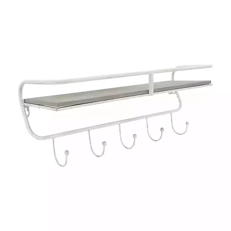 Kirklands Home Hooks|Distressed White Metal Wall Shelf with Hooks