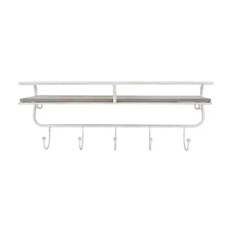 Kirklands Home Hooks|Distressed White Metal Wall Shelf with Hooks