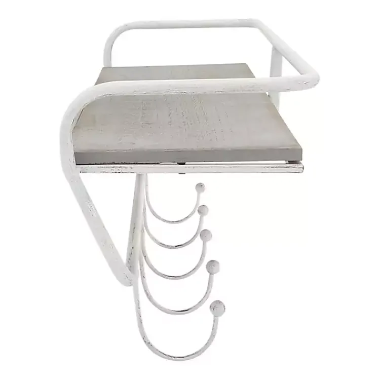 Kirklands Home Hooks|Distressed White Metal Wall Shelf with Hooks