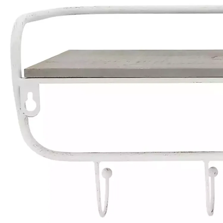 Kirklands Home Hooks|Distressed White Metal Wall Shelf with Hooks
