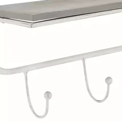 Kirklands Home Hooks|Distressed White Metal Wall Shelf with Hooks