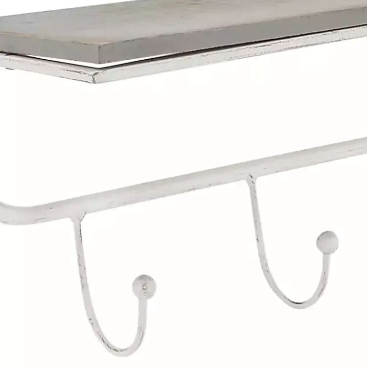 Kirklands Home Hooks|Distressed White Metal Wall Shelf with Hooks