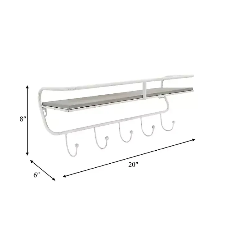 Kirklands Home Hooks|Distressed White Metal Wall Shelf with Hooks