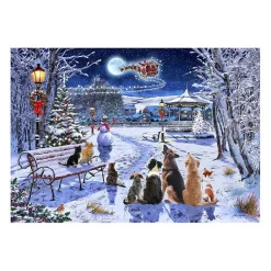 Hot Dogs and Cats In Christmas Park Canvas Art Print Christmas Art & Wall Decor
