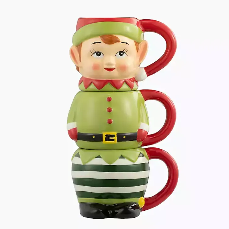 Kirklands Home Glassware & Drinkware|Elf Christmas Mugs, Set of 3 Green
