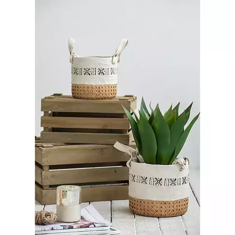Kirklands Home Planters|Embossed Cement Baskets with Straps, Set of 2