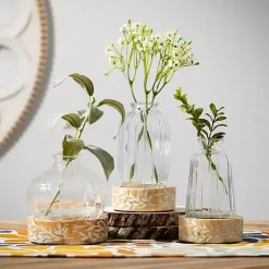 Online Embossed Wood and Glass Vases, Set of 3 Vases