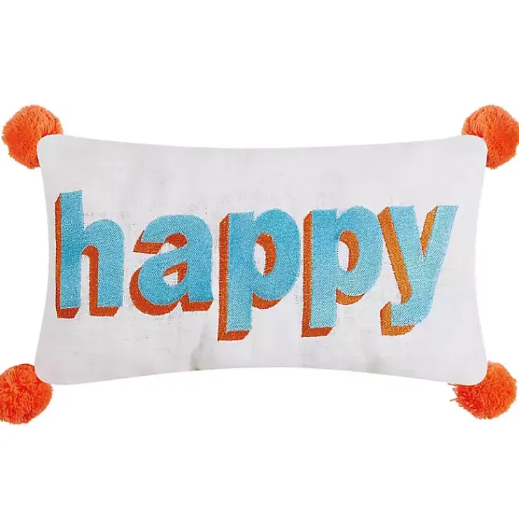 Hot Embroidered Happy Pom Pom Lumbar Pillow Pillows