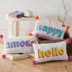 Discount Embroidered Hello Pom Pom Lumbar Pillow Pillows
