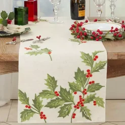 Kirklands Home Table Linens|Evergreen Holly Leaves Cotton Runner