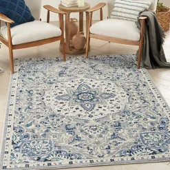 Kirklands Home Area Rugs|Faded Gray & Blue Floral Medallion Area Rug, 5x7
