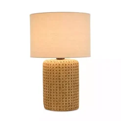 Kirklands Home Table Lamps|Faux Woven Wood and Linen Table Lamp Tan