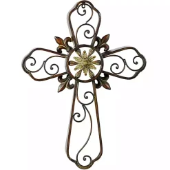 Kirklands Home Wall Plaques|Fleur De Lis Traditional Metal Cross Wall Plaque Brown