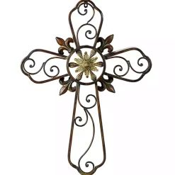 Kirklands Home Wall Plaques|Fleur De Lis Traditional Metal Cross Wall Plaque Brown