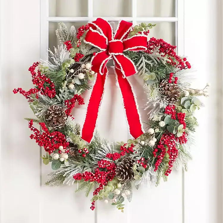 Discount Flocked Berries Wreath with Red Bow Wreaths