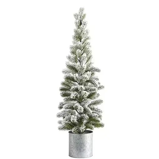 Sale Flocked Pine Tree in Tin Can Planter Christmas Arrangements & Garland