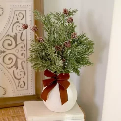 New Flocked Pinecone Arrangement with Bow Arrangements & Greenery