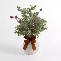 New Flocked Pinecone Arrangement with Bow Arrangements & Greenery