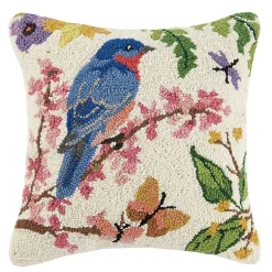 Online Floral Bluebird Hooked Wool Pillow Pillows