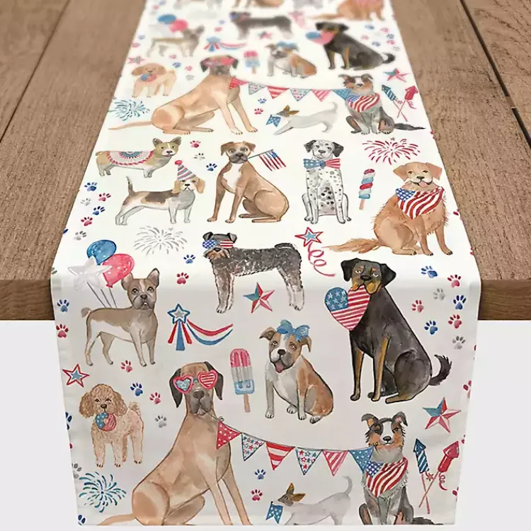 Kirklands Home Table Linens|Fourth of July Patriotic Pups Table Runner, 90 in.