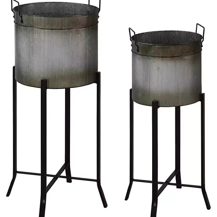 Kirklands Home Planters|Galvanized Planters with Stands, Set of 2 Black