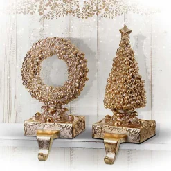 New Gilded Tree and Wreath Stocking Holders, Set of 2 Christmas Stockings & Stocking Holders