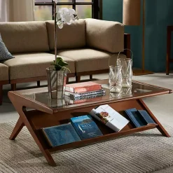 Kirklands Home Coffee Tables|Glass and Walnut Wood Angled Coffee Table Brown