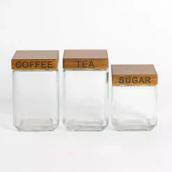 Kirklands Home Kitchen Storage|Glass and Wood Lid Canisters, Set of 3