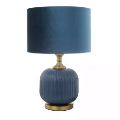 Kirklands Home Table Lamps|Glass Base Round Velvet Shade Table Lamp Blue