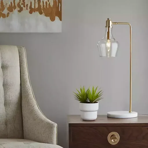 Kirklands Home Table Lamps|Gold and Marble Table Lamp with Glass Bell Shade Clear