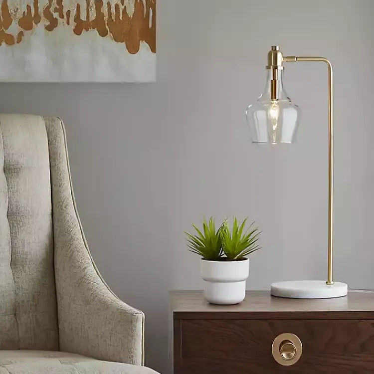 Kirklands Home Table Lamps|Gold and Marble Table Lamp with Glass Bell Shade Clear