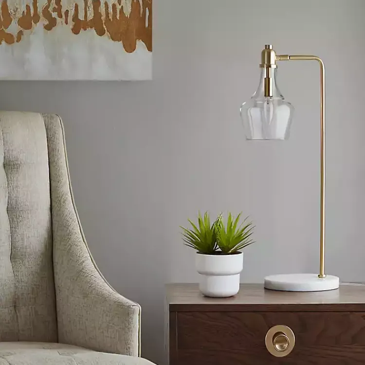 Kirklands Home Table Lamps|Gold and Marble Table Lamp with Glass Bell Shade Clear