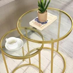 Kirklands Home Accent & End Tables|Gold Metal and Glass Nesting 2-pc Accent Table Set