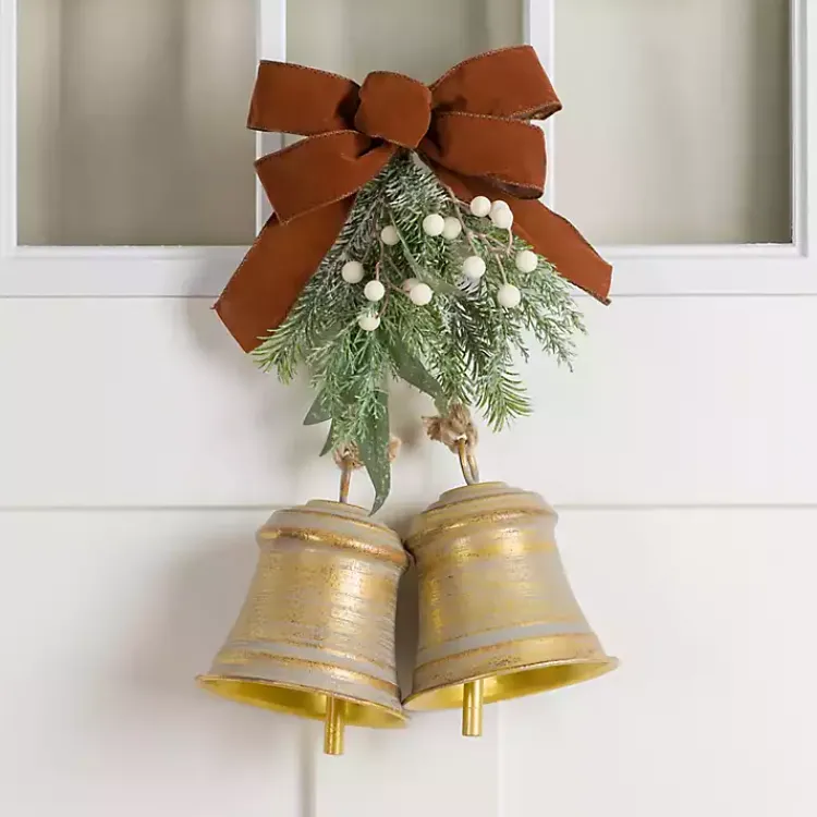 Discount Gold Metal Bells with Brown Ribbon Christmas Decorations