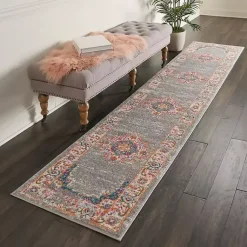 Kirklands Home Area Rugs|Gray & Pink Central Motif Botanical Runner