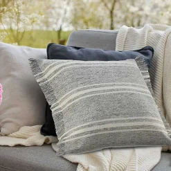 Kirklands Home Outdoor Cushions & Pillows|Gray and White Triple Stripe Outdoor Pillow