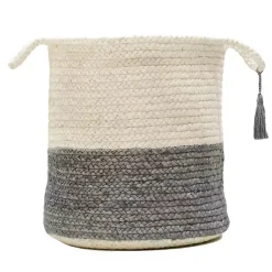 Gray and White Woven Basket with Tassel, 17 in. Baskets & Boxes