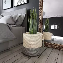 Gray and White Woven Basket with Tassel, 17 in. Baskets & Boxes