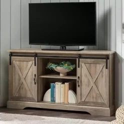 Kirklands Home Tv Stands & Media Consoles|Sliding Barn Doors Corner TV Stand Gray