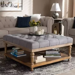 Kirklands Home Benches & Ottomans|Upholstered Linen Tufted Ottoman with Shelf Gray