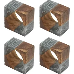Kirklands Home Table Linens|Gray Wood and Resin Square Napkin Rings, Set of 4