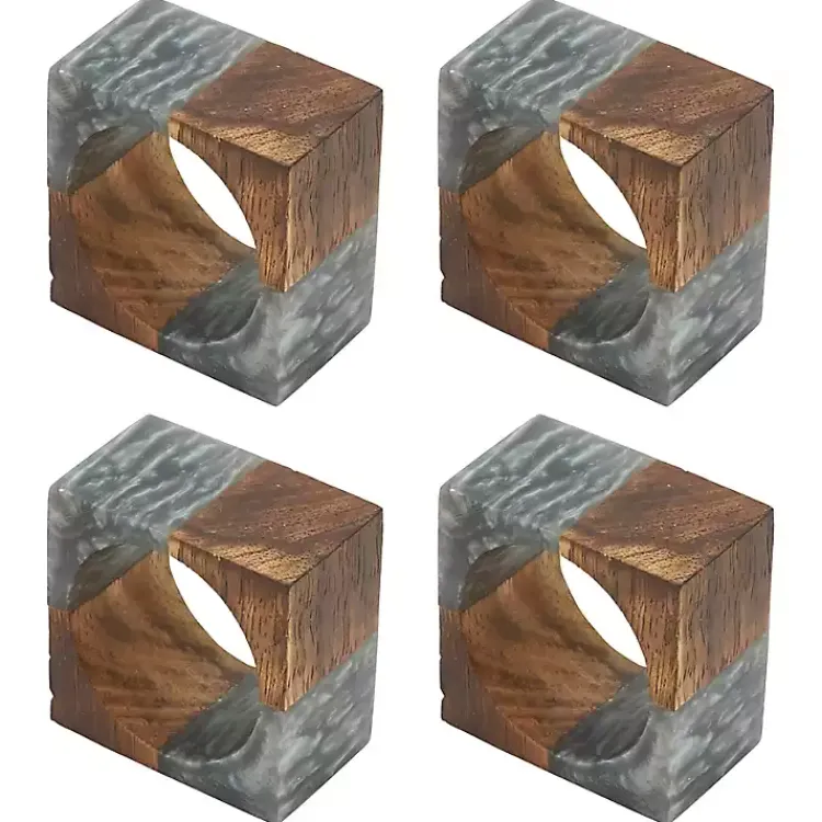 Kirklands Home Table Linens|Gray Wood and Resin Square Napkin Rings, Set of 4