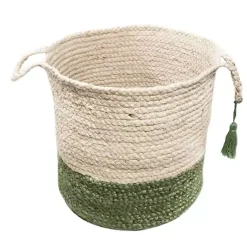 Online Green and Cream Woven Basket with Tassel, 17 in. Baskets & Boxes