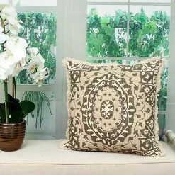 Green and Tan Medallion Fringe Pillow Pillows