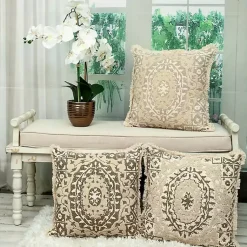 Green and Tan Medallion Fringe Pillow Pillows