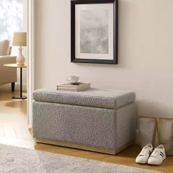 Kirklands Home Benches & Ottomans|Greige Sherpa & Pine Rectangle Storage Ottoman