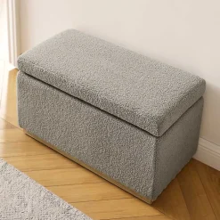 Kirklands Home Benches & Ottomans|Greige Sherpa & Pine Rectangle Storage Ottoman