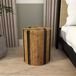 Kirklands Home Accent & End Tables|Handmade Round Banana Leaf Striped Accent Table Brown