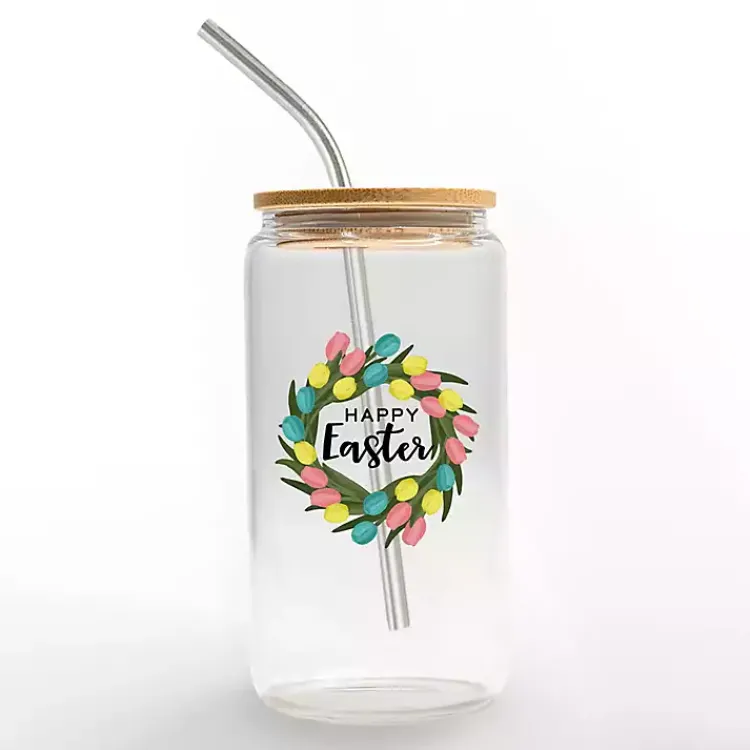 Online Happy Easter Wreath Glass Tumbler Easter Decorations