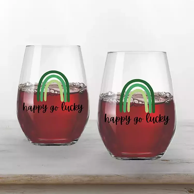 Discount Happy Go Lucky Stemless Wine Glasses, Set of 2 St Patricks Day Decorations